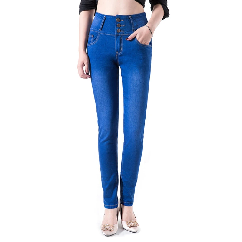 Autumn femme slim straight high waist cotton stretch plus size ladies blue skinny jeans |