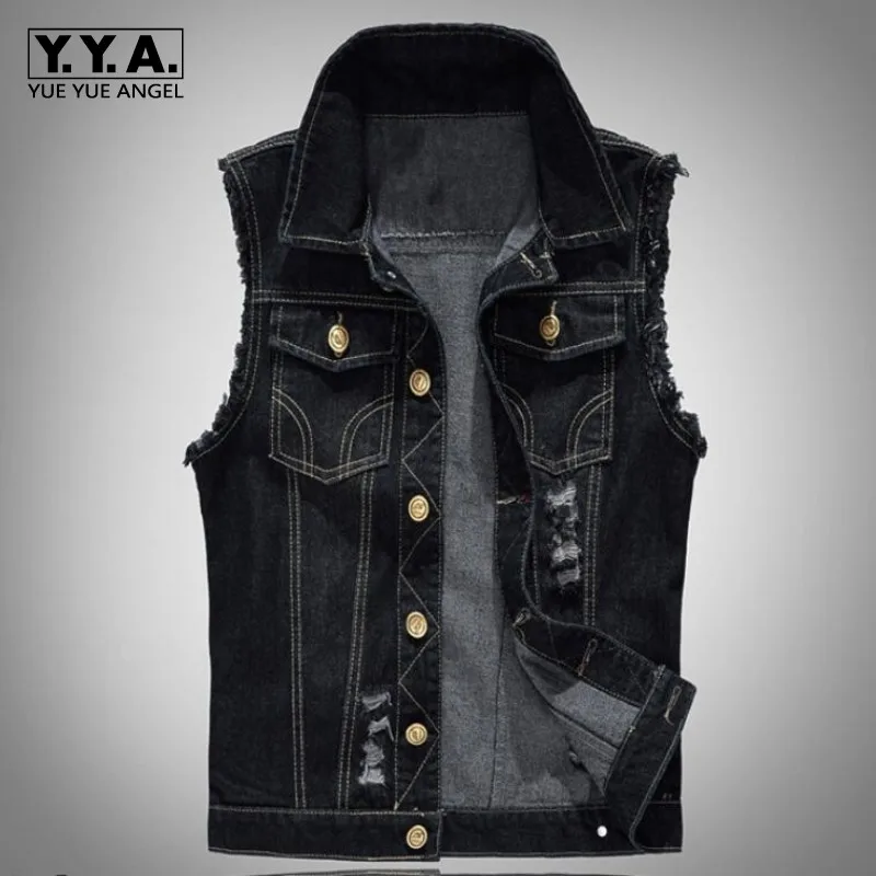 Мужская джинсовая куртка без рукавов с потертостями|motorcycle jean vest|denim jacket sleevelessjeans