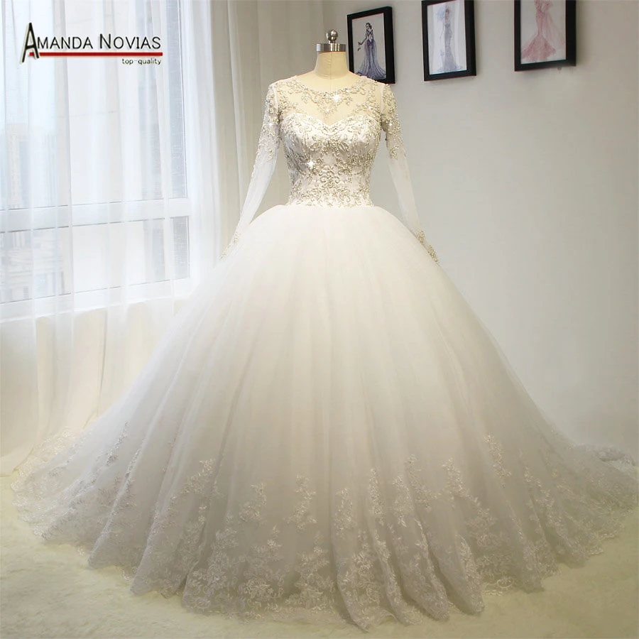 Novias реальные фотографии Роскошная вышивка Полный Бисероплетение бальное платье с рукавами свадебное платье