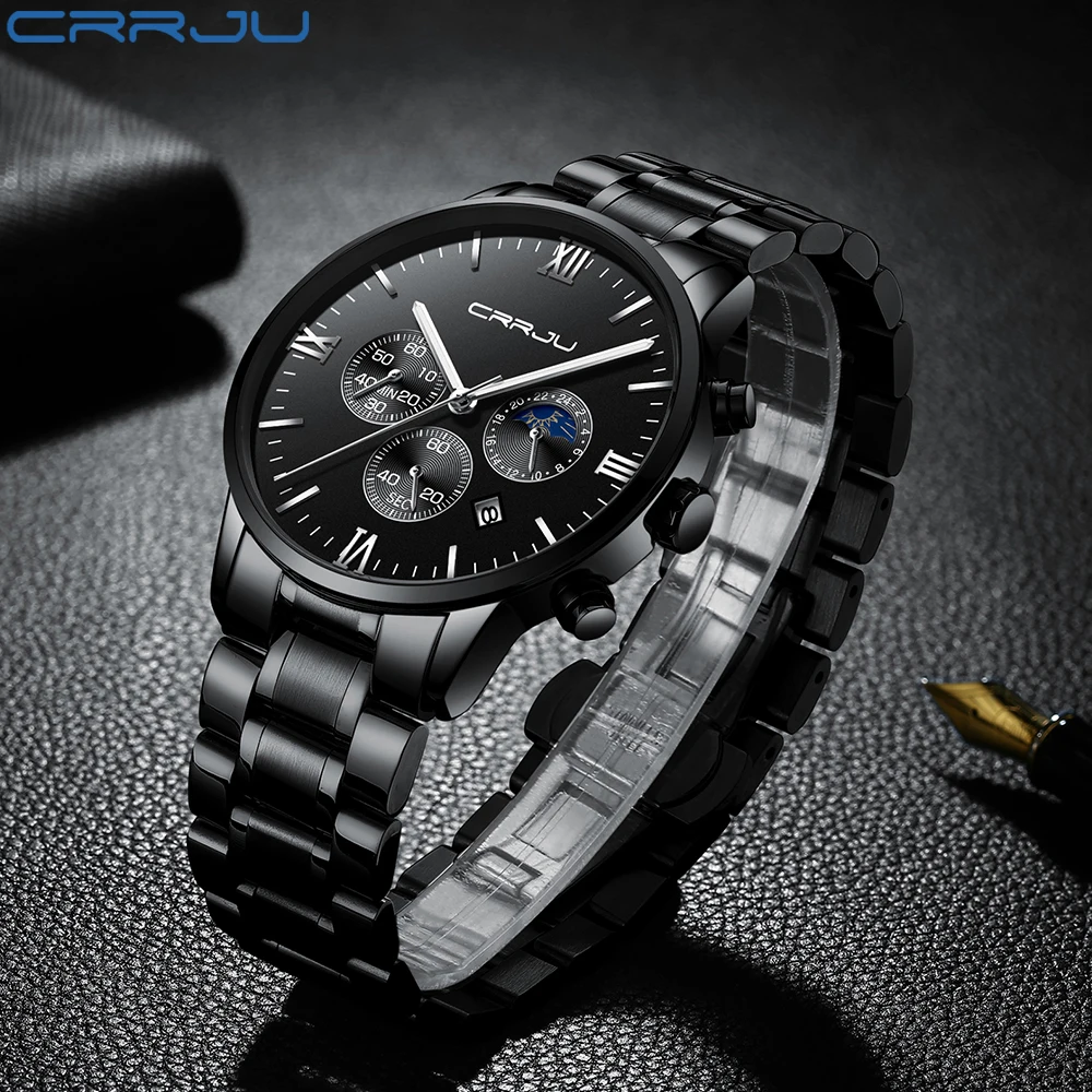 

New Comfortable Steel Mesh Band Mens Watches Timing And 24 Hours Quartz Wrist Watch CRRJU Sports Watch Male Clock Montre Homme