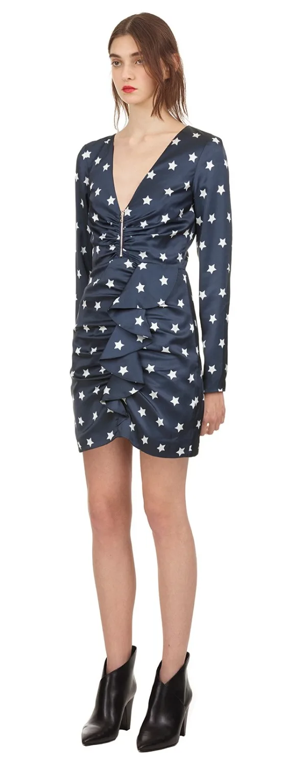 2018 синий Принт звезды мини платье Глубокий v Полный рукавом облегающее