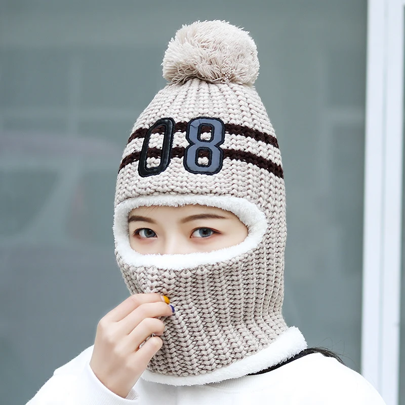 Женские Зимние Вязаные Лыжные шапки с бархатным вышитым помпоном розовый