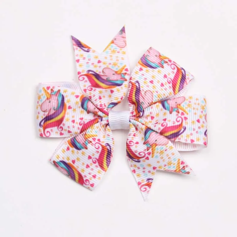 30 шт. Cartton Grosgrain ленты банты, заколки для волос 3 ''Единорог узор Луки с зажимы «крокодил» для школьницы Бутик волос лук