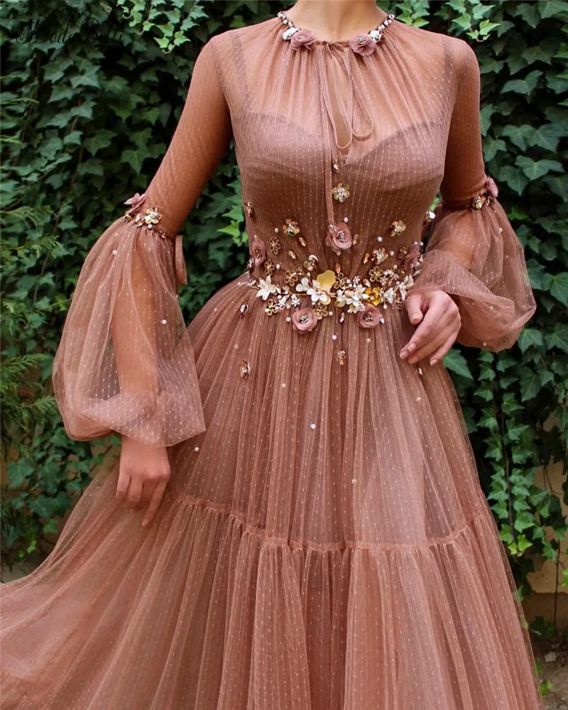 modabelle 2019 Arabic Pink Evening Dress Abiti Da Sera Lunghi 3D Flowers Tulle Long Sleeve Robe Soiree Dubai | Свадьбы и торжества