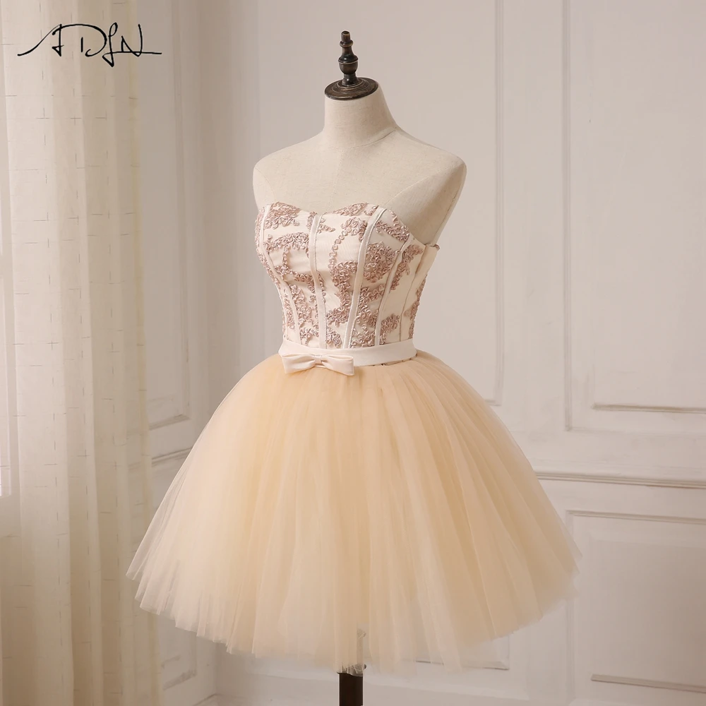ADLN вечерние платья цвета шампана короткая возлюбленная безрукий Тюль A Line