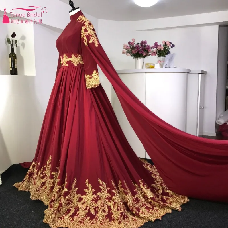 Мусульманские свадебные платья с длинным рукавом бордовые красные золотые