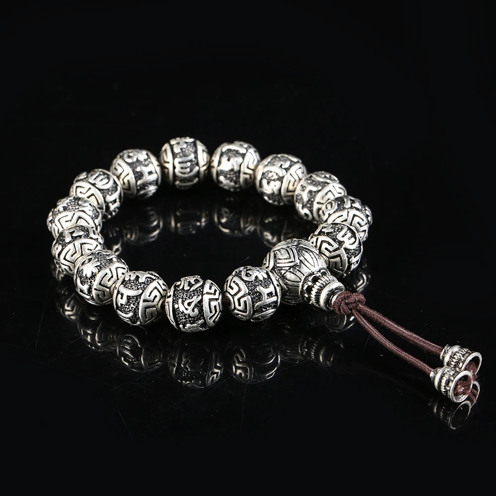 Винтажный тибетский буддизм. Браслет из латуни с покрытием серебром для мужчин. Шестисловные мантры Мала Йога Лотос молитвенные бусины.