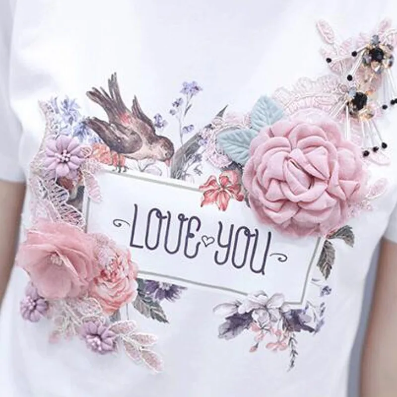 HAMALIEL Women T shirt Skirts Suit Summer 3D Floral Birds Embroidery Sequined T-shirt + Denim Hole Tassel A-Line Clothing Set | Женская