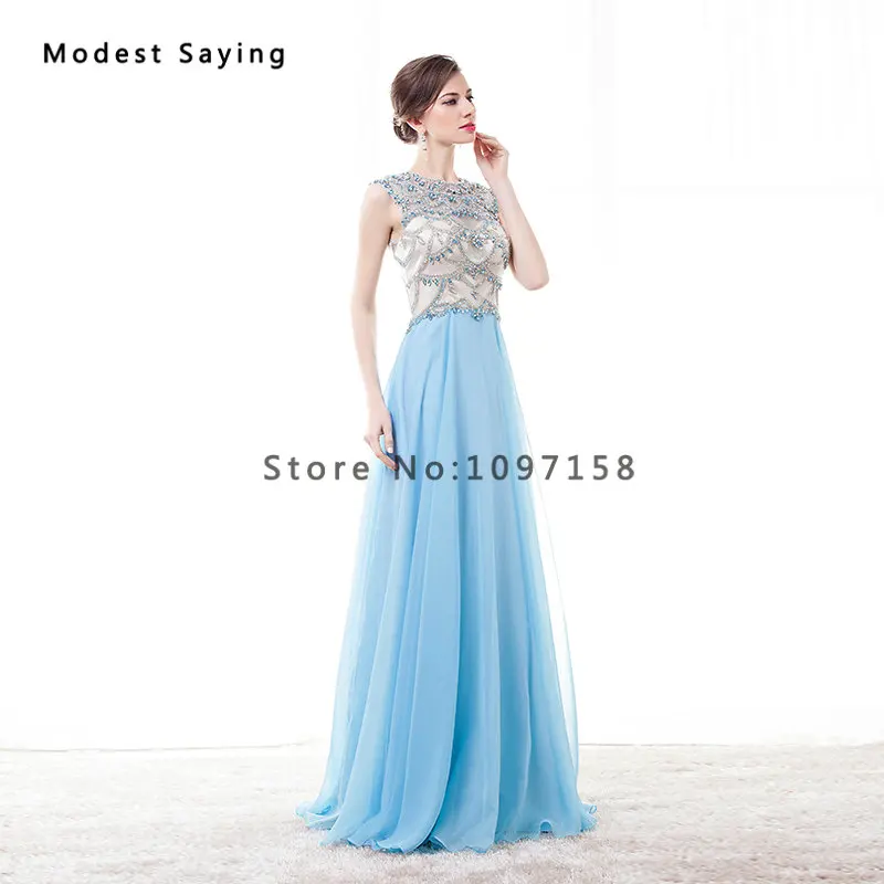 Женское прозрачное вечернее платье роскошное синее трапеция с круглым вырезом и