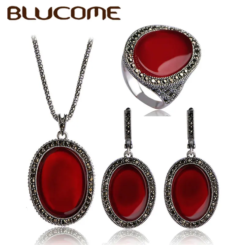 Женский комплект украшений Blucome Красный винтажный из колье сережек и кольца в