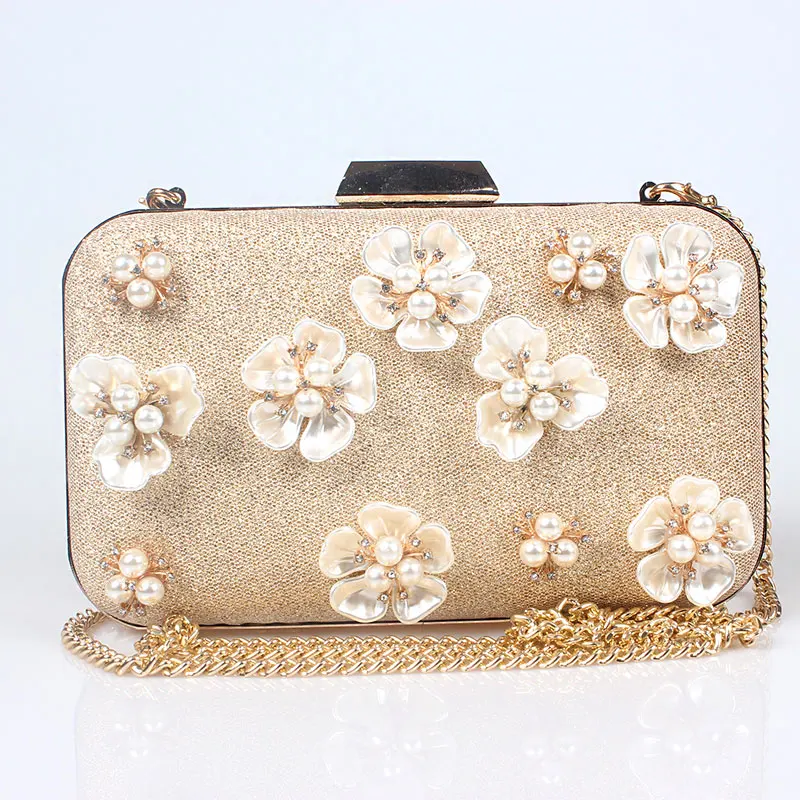 

Elegant fashion pearl beaded flowers mini golden wedding party clutch evening bag shoulder bag ladies shoulder bag flap purse
