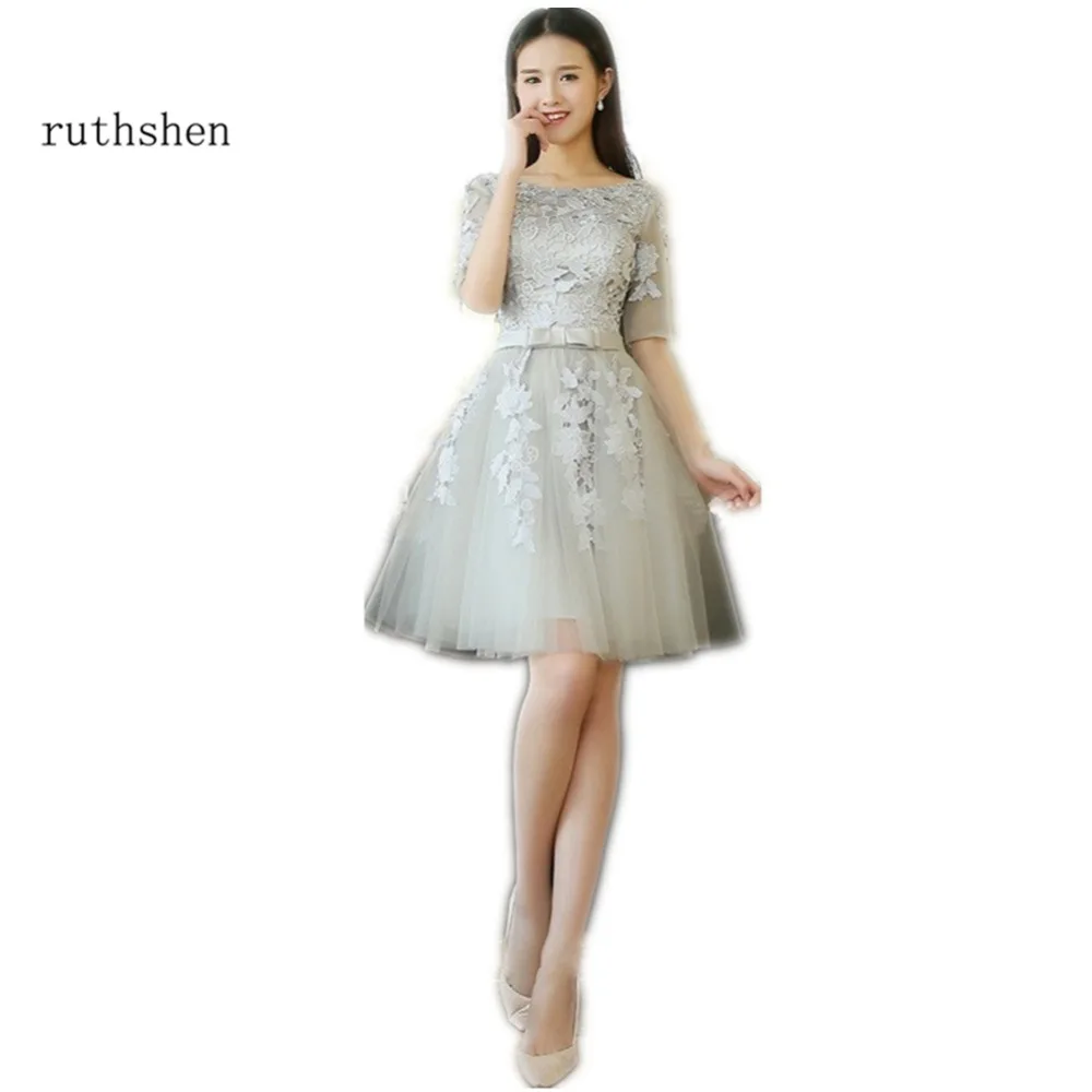 Ruthshen дешевые коктейльные платья 2018 кружевной рукав до локтя Аппликации Ruched