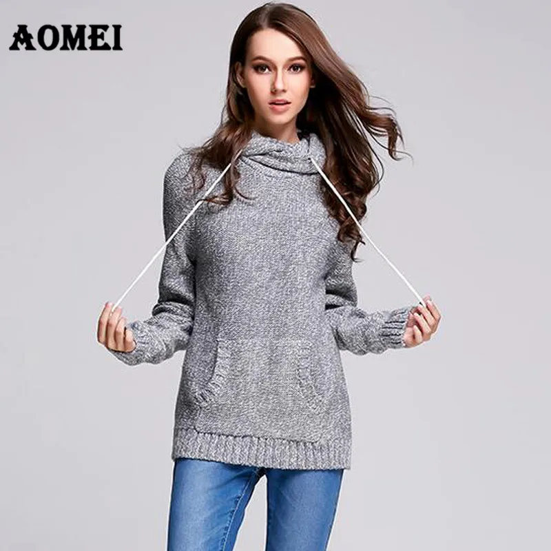 Женский свитер с капюшоном серого цвета Свободный пуловер длинными рукавами и