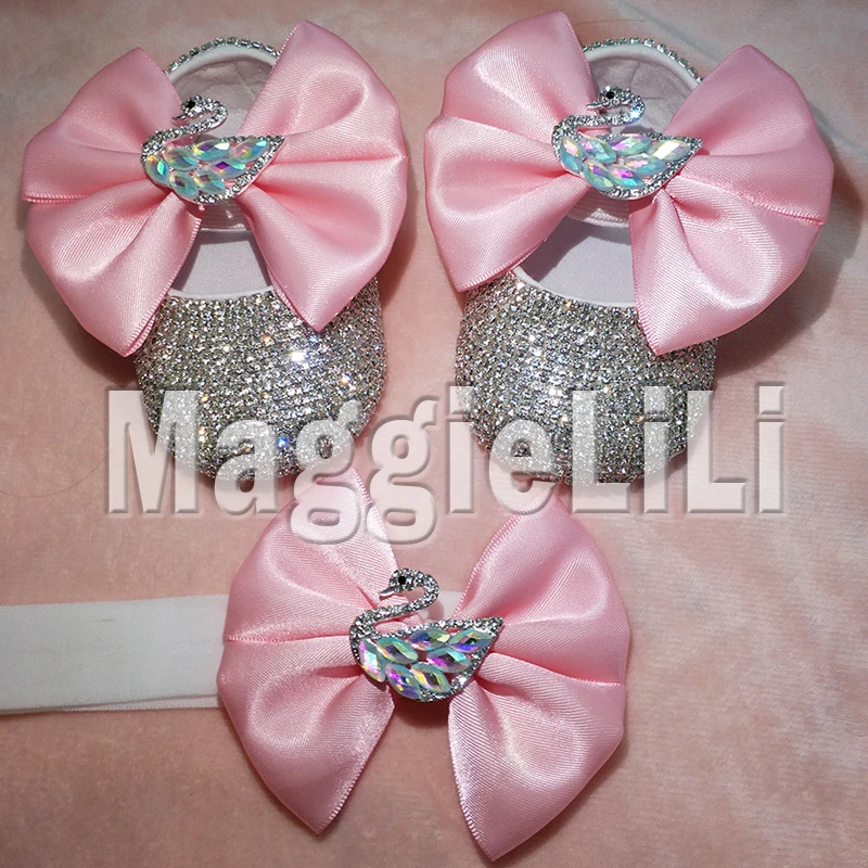 pink bowknot Custom Sparkle Bling crystals Rhinestones Baby girls shoes infant 0-1Y ribbon shoes First Walkers hairband 0032