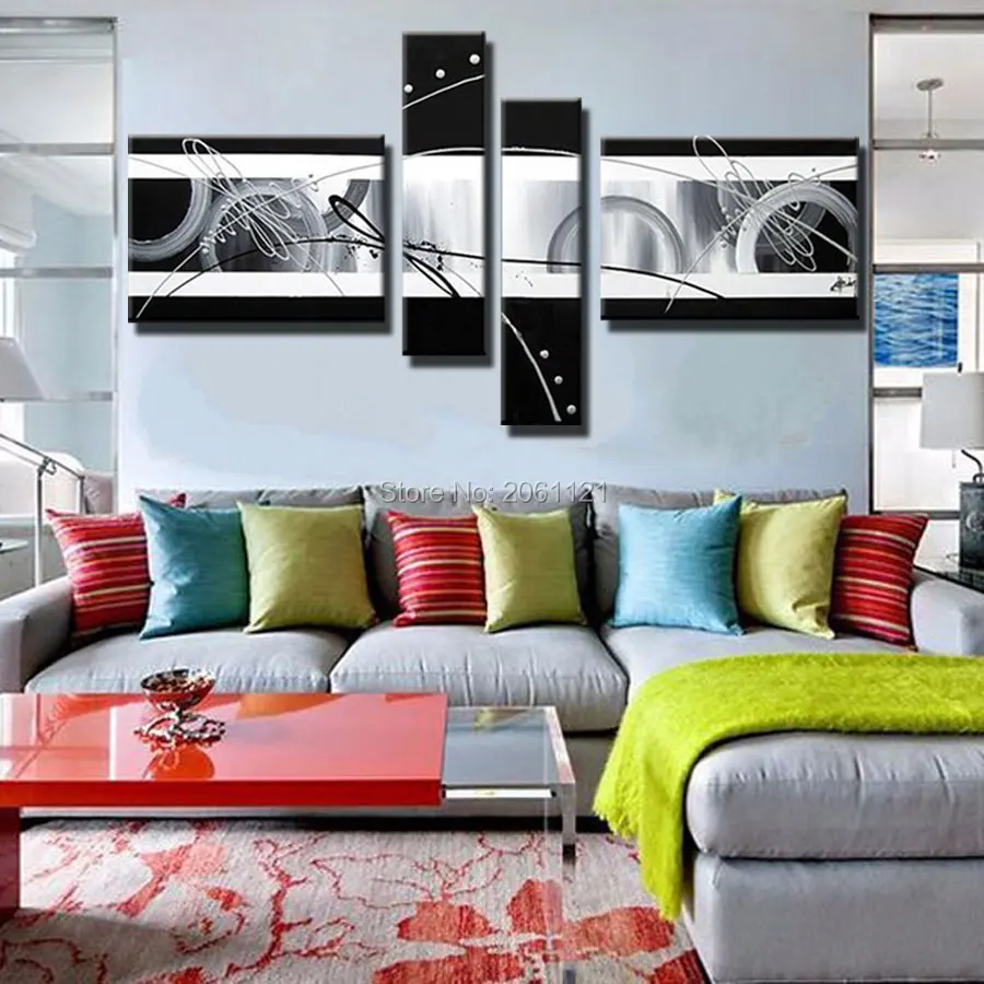 Ручная роспись 4 предмета холст Настенная картина черно белая масляная живопись