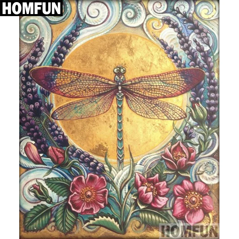 

Алмазная 5D Вышивка HOMFUN A06502, картина «стрекоза, цветок», полная выкладка, круглая, для творчества, домашний декор