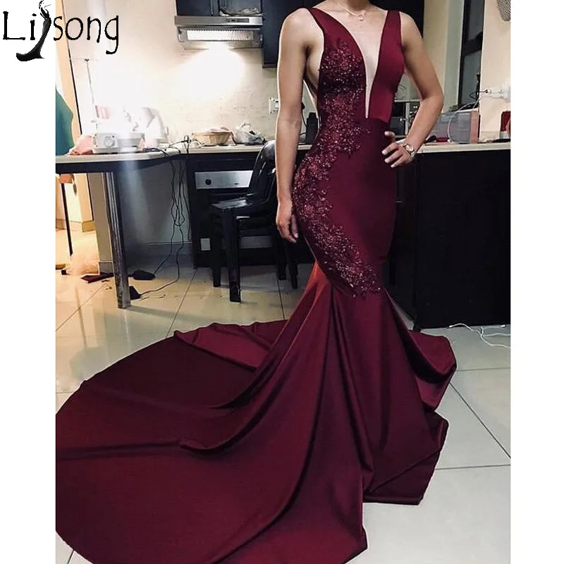 Burgundy Mermaid Prom Dresses Deep V neck Sleeveless Beads Appliqued Long Evening Dress Robe de soiree Zipper Back Abendkleider | Свадьбы и