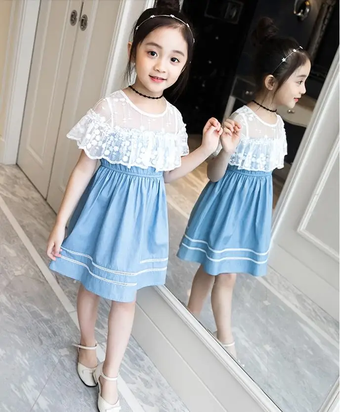 Baby Girl Dress For Girls Cotton Blue Party Birthday Costume Princess Shool Summer Lace Clothes Children Kids 6 7 years Dresses | Детская