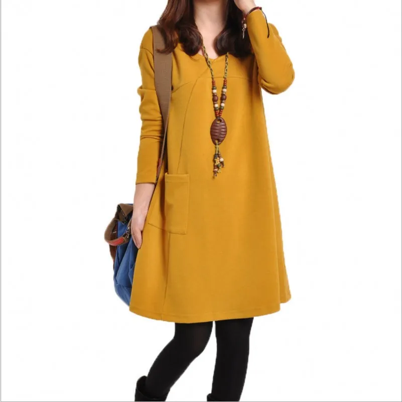 2019 г. новые осенние женские платье Большие размеры повседневные однотонные v