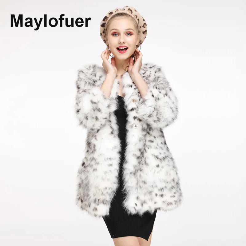 Maylofuer Женская шуба из меха лисы куртка с леопардовым принтом О образный вырез