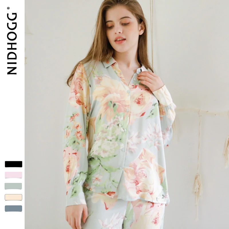 

Autumn Korean Lapel Front Button Long Sleeve Pajamas for Women Flower Printing Sleepwear Loungewear Pyjamas 2-piece Home Suit