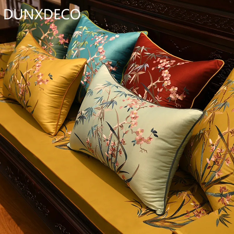 Dunxdeco Наволочка на подушку Декоративная Подушка Чехол современный китайский традиционный бамбук цветок орхидеи класса люкс с вышивкой диван Dec