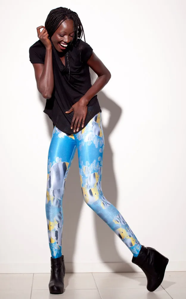 Новинка 2015 года! Модные женские леггинсы с принтом Галактики рыбы в океане.