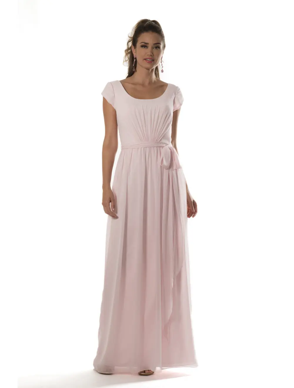 Light Pink Summer Modest Bridesmaid Dresses 2021 With Cap Sleeves A-line Sashes Country Beach Long Chiffon Wedding Party Dress | Свадьбы и
