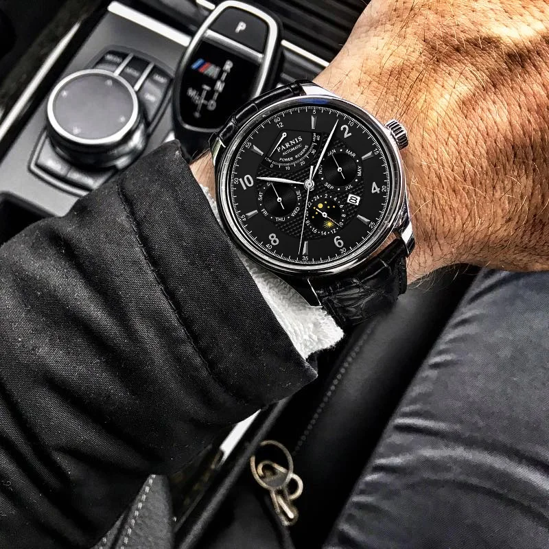 

Модные мужские механические часы Parnis 43 мм с кожаным ремешком Miyota 9100 автоматические мужские часы с датой и фазой Луны недели 2020 подарок