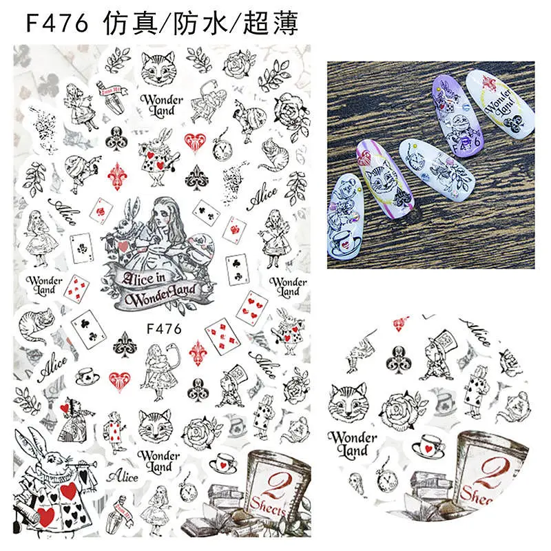 

1 Sheet Line Drawing Cat Rose Flowers Lady Alice in WonderLand Poker Bow Tie Waterproof Adhesive Nail Art Stickers Decals F47X