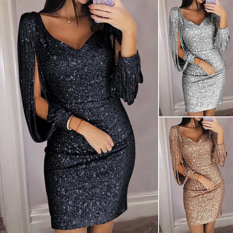 Women Autumn Solid color Long sleeve Polyester Dress V Neck Tassels Bodycon Shining Slim Fit High Waist plus size Dresses | Женская