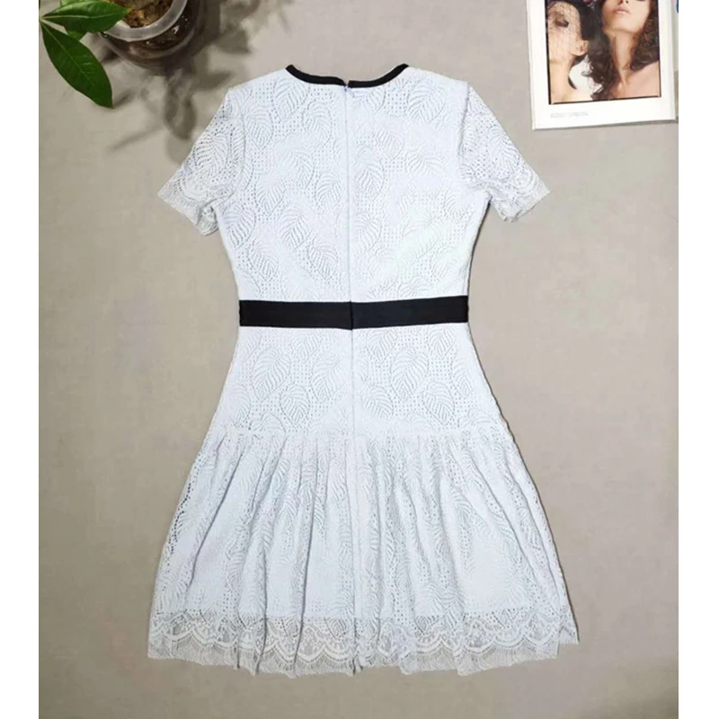 

High Quality 2019 Preppy Style Elegant Ladies Dress Sky Blue Bow Lace Up Short Sleeve Girl Lace Dress Fashionable Casual Clothes