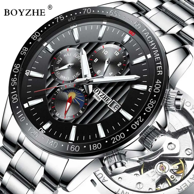 

BOYZHE Luxus Marke Automatische Mechanische Uhr Manner Luminous Hande Edelstahl Business Wasserdichte Uhren Relogio Masculino