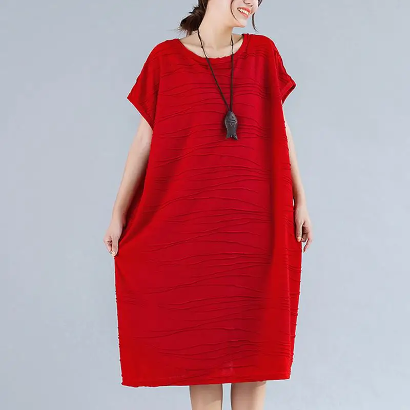 Johnature Womens Dresses New Arrival Summer Casual Korean O-neck Solid Color Short Sleeve Loose 3 Colors Cotton Women Dress - Цвет: Красный