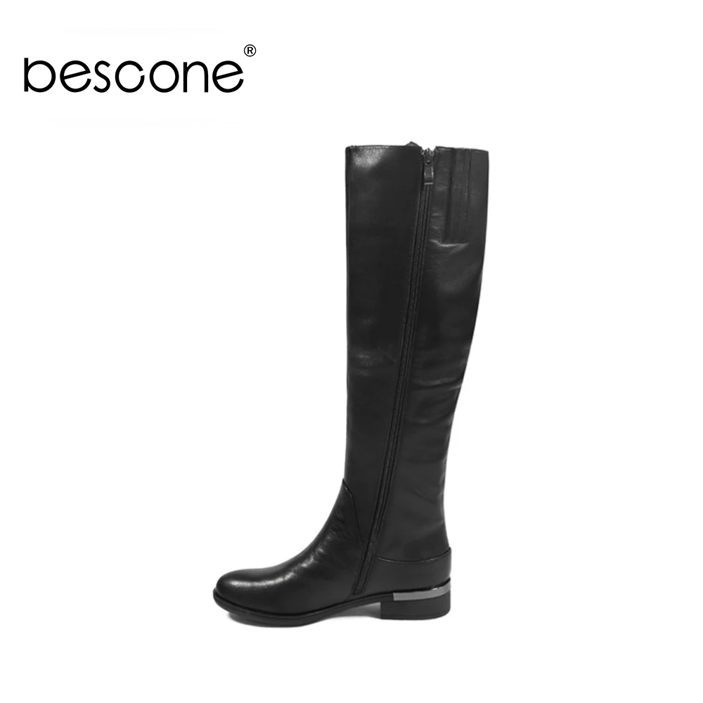 BESCONE/женские высокие сапоги из натуральной кожи классические сапоги до колена на квадратном каблуке с круглым носком на молнии Новые повседневные женские сапоги ручной работы B98