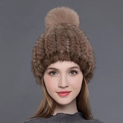 Light Brown Magelier/женские теплые зимние шапки из натурального меха, вязаные натуральные шапочки с мехом норки, помпоны с лисьим мехом, мягкие шапочки, новинка MZ005 - Цвет: Light Brown