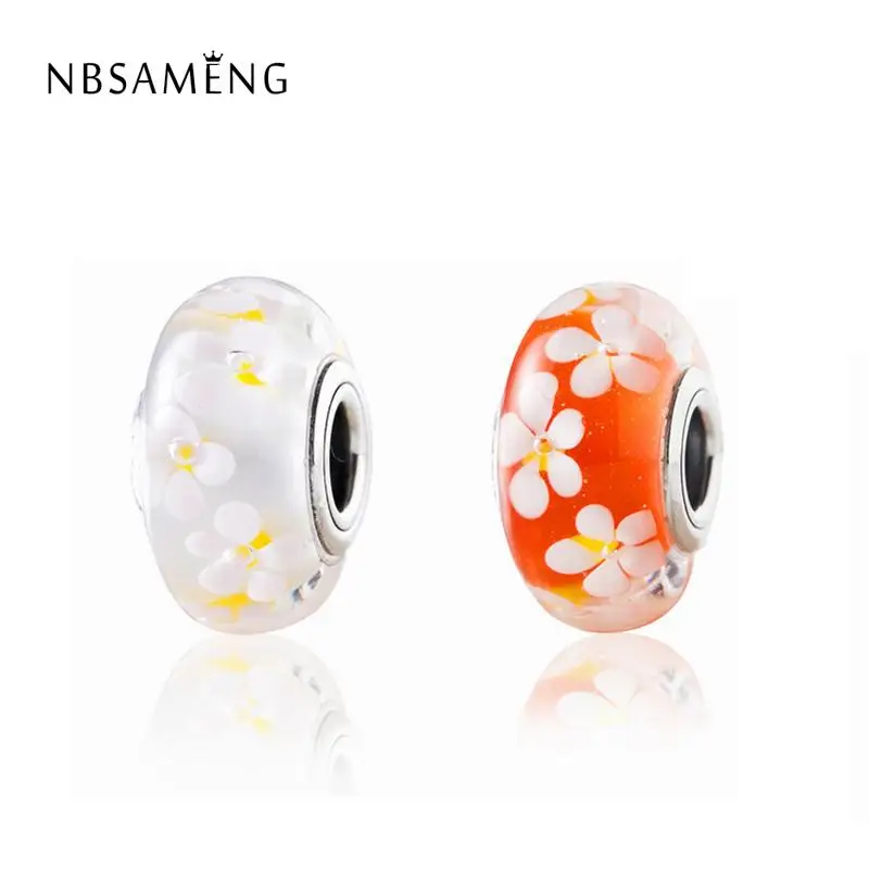 

925 Sterling Silver White Orange Field of Flowers Murano Glass DIY Bead Charm Fit Original Pandora Original Bracelets Jewelry