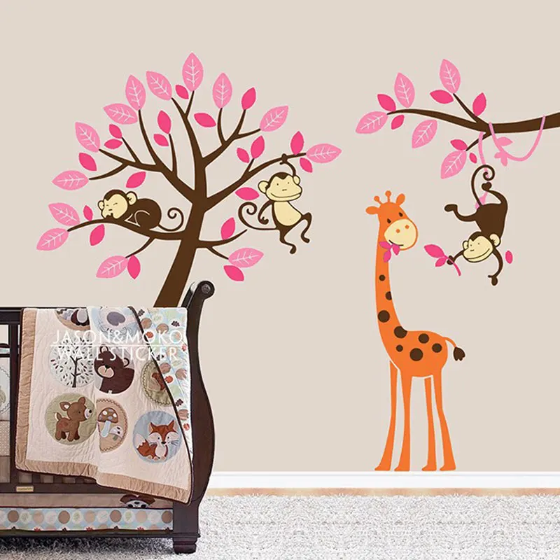 

Cartoon Tree Decals Monkeys Giraffe Zoo Wall Stickers Decal Wallpaper Nursery Children Baby Room Decor 200*250CM Home Decoration