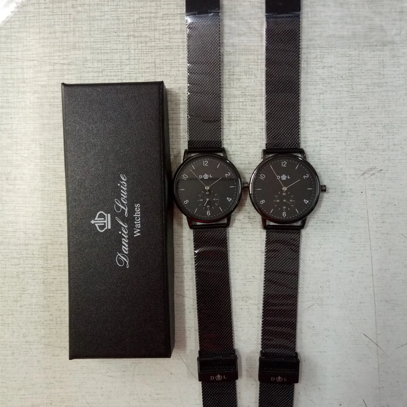 Мужские часы CL031 черные из нержавеющей стали с кожаным ремешком логотипом на