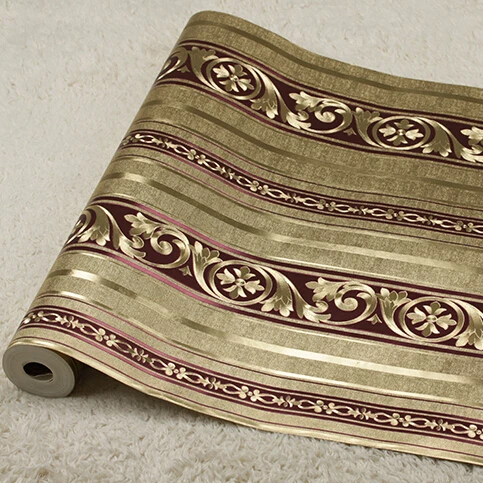 Европейская роскошная Золотая полосатая настенная бумага из ПВХ 3D тиснение