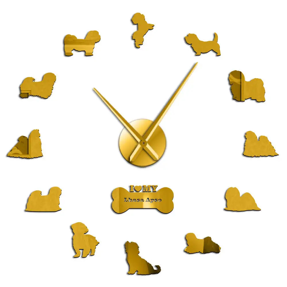 Gold Бескаркасные Lhasa Apso собака порода самоклеющиеся 3D DIY настенные часы собака Бигль портрет для любителя собак большое время часы зеркальный эффект - Цвет: Gold