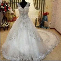 vintage luxury crystal lace ball gowns wedding dresses 2019 real photos elegant long train high quality custom made bridal gowns