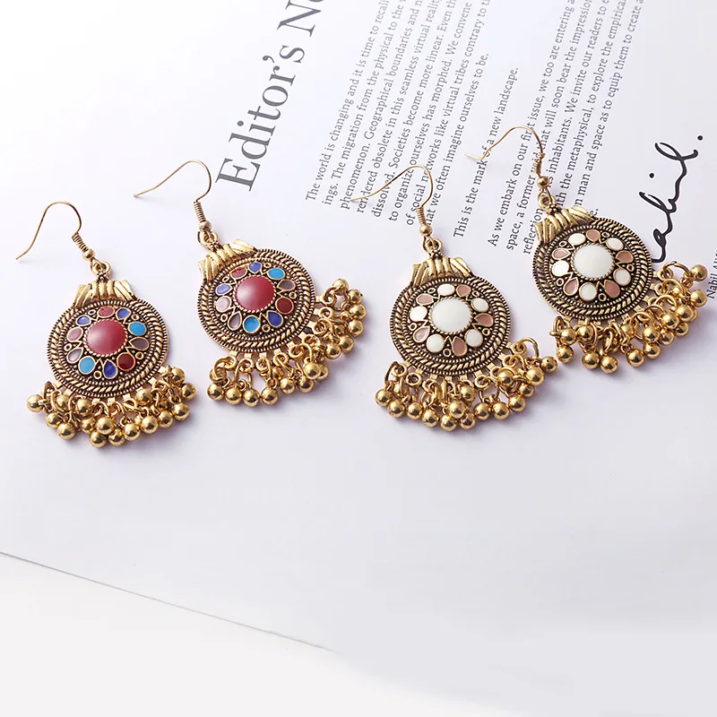 Ретро Золотые сережки с кисточками этнические металлические бусины массивные