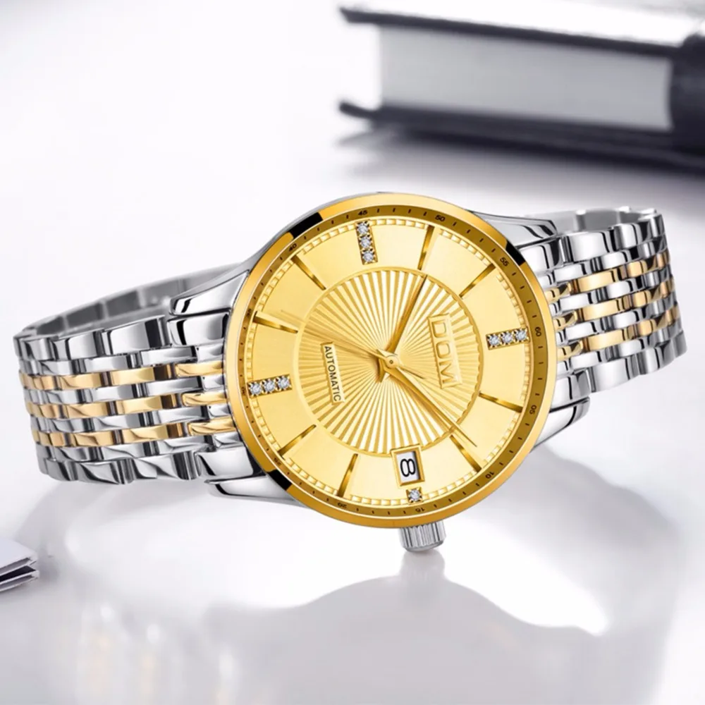 DOM Женские Механические часы модные золотые из нержавеющей стали Роскошные