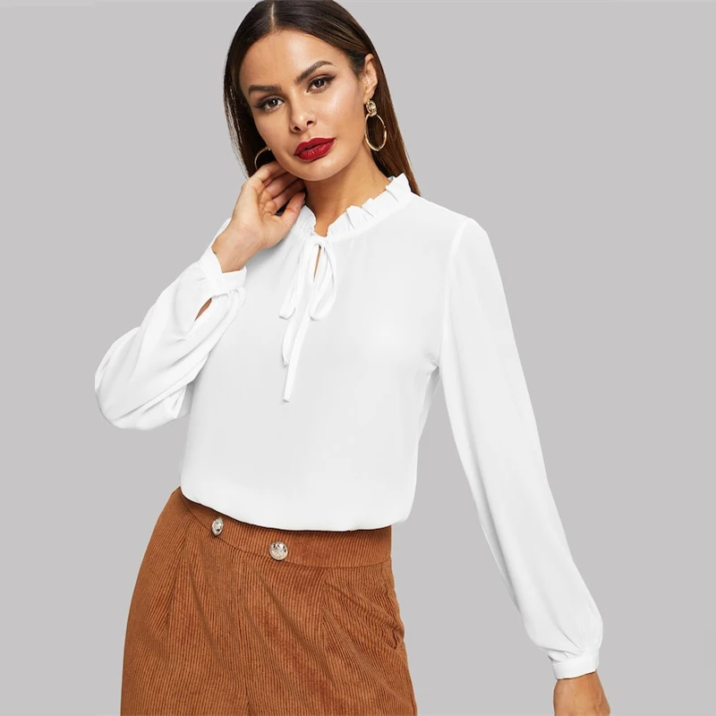 SHEIN Нарядная Однотонная Блузка С Длинным Рукавом, Офисная Блузка С Оригинальным Воротником