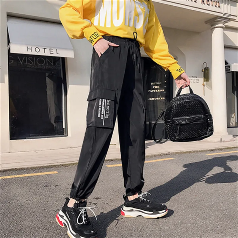 WKOUD Letter Printed Cargo Pants Women Harajuku High Waist Drawstring Streetpants Sexy Fashion Sport Trousers Streetwear P8890 | Женская