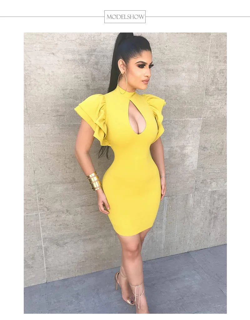 Pndodo короткий рукав Ruffled Sheath Dress Для женщин открытой передней Bodycon Короткое мини-платье Элегантные Вечерние длиной выше колена Платья для женщин Vestidos