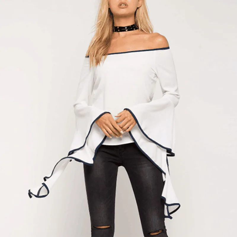 

Fashion Summer Women Sexy Blouse Off Shoulder Tops Vintage Trumpets Sleeves Shirt Ladies Girls Casual Blouses New