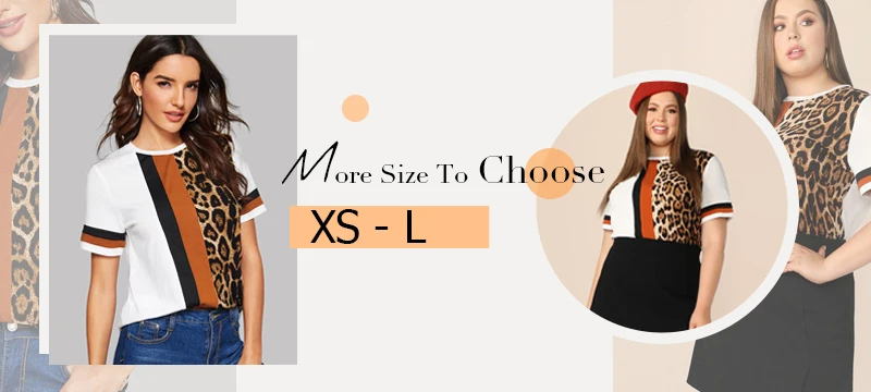 SHEIN, Женский Топ в полоску с леопардовым принтом размера плюс, лето, разноцветная Повседневная футболка с круглым вырезом, уличная футболка