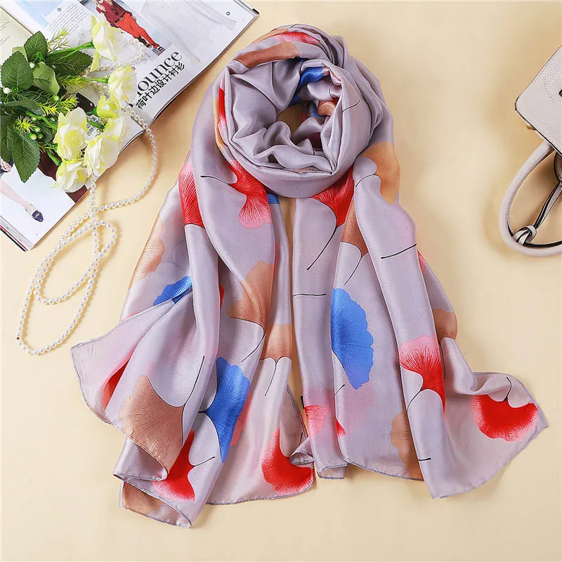 Женский атласный шелковый шарф с длинными мягкими листьями шали из фуляра летняя